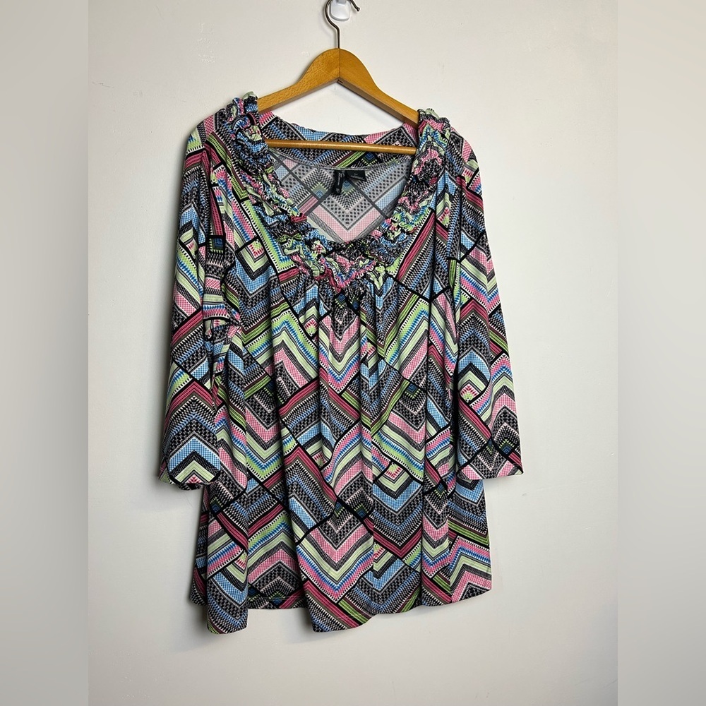 New Directions Blouse Plus Size 3x Multicolor Rainbow Liquid Fabric Stretchy